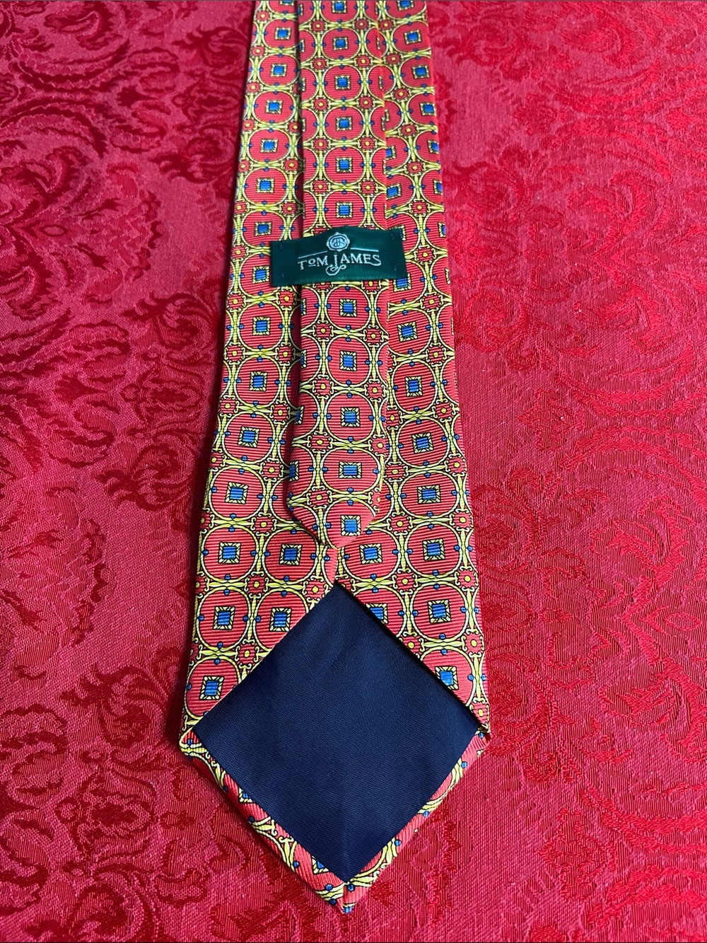 Tom James Vintage Silk Tie Red Blue Gold Geometric 4" Wide Necktie